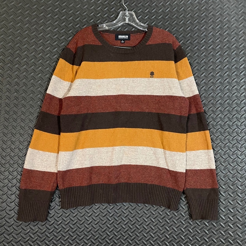 Brooklyn Industries Mens Large 100% Lambswool Striped Sweater Brown Orange Tan L